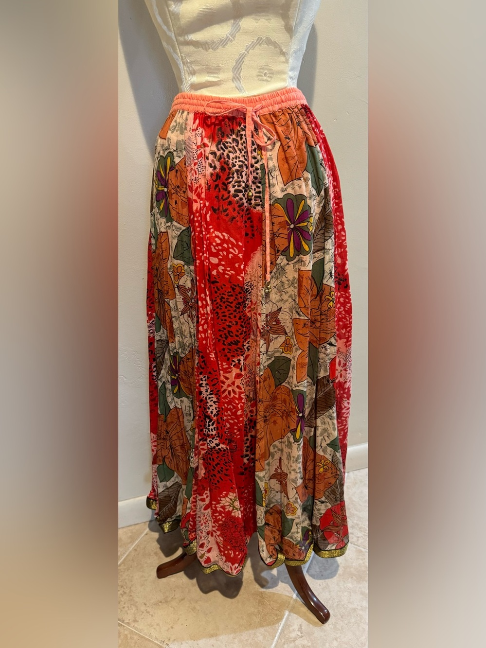 Baba Colorful Stretch Gold Ribbon Hem Bells Tie Waist Lined Maxi Skirt India